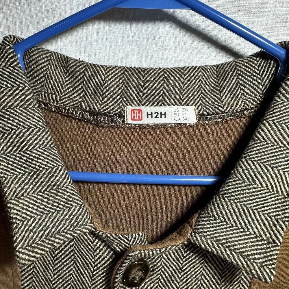 H2H Cardigan Sweater 2XL Brown Herringbone Trim Button Front Collared Excellent